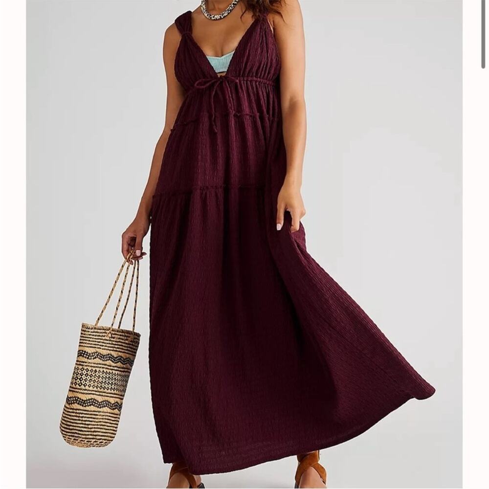NEW Free People Martina maroon burgundy wine deep V neck tiered maxi dress, M
